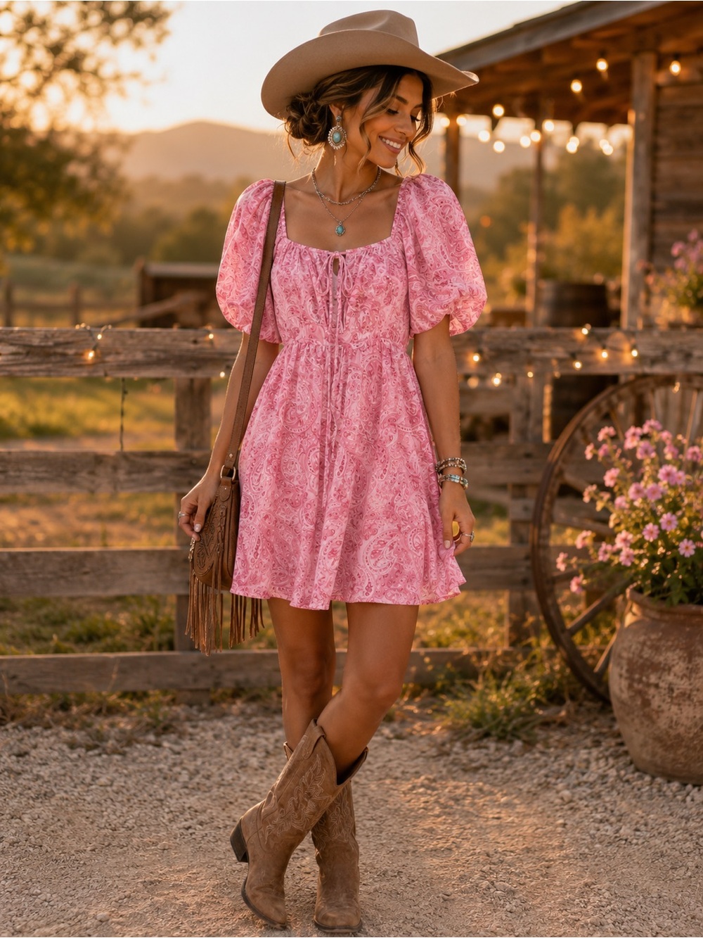 NSR Pink Puff-Sleeve Paisley Mini Dress